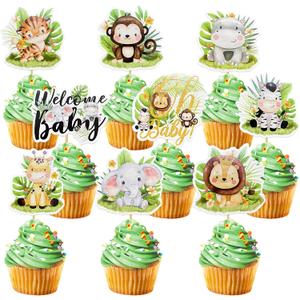 45 Pcs Safari Baby Shower Cupcake Toppers Jungle Animals Oh Baby Party Decorations Safari Theme Cupcakes Toppers for Boys Kids Nursery Wild Party Supplies (Safari Cupcake Toppers Green)