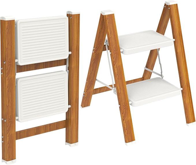 HBTower Aluminum 2 Step Ladder, Lightweight Step Stool, WhiteWoodgrain
330lbs Capacity, Compact & Portable for Easy Storage, Anti-Slip Design, Indoor & Outdoor, Great for Kitchen Office