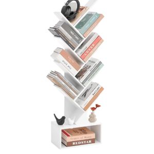 Tree Bookshelf - 6 Shelf Retro Floor Standing Bookcase, Tall Wood Book Storage Rack for CDs/Movies/Books, Utility Book Organizer Shelves for Bedroom, Living Room, Home Office, White