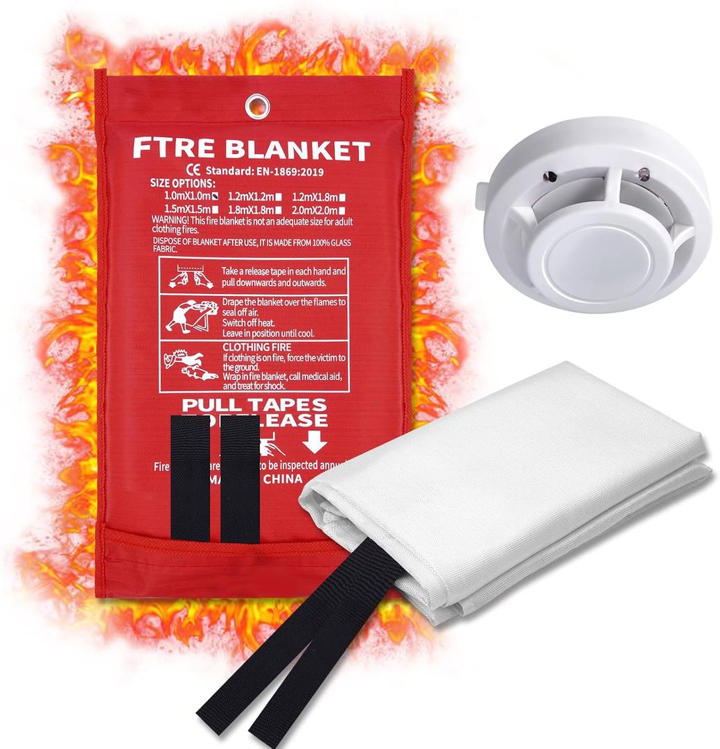 2 x Essential Fire Blanket for Home & Kitchen, Complete with Smoke Detector for Immediate Alert, Heavy Duty Emergency Blanket for Grill, Car, Camping - Your Family's Peace of Mind