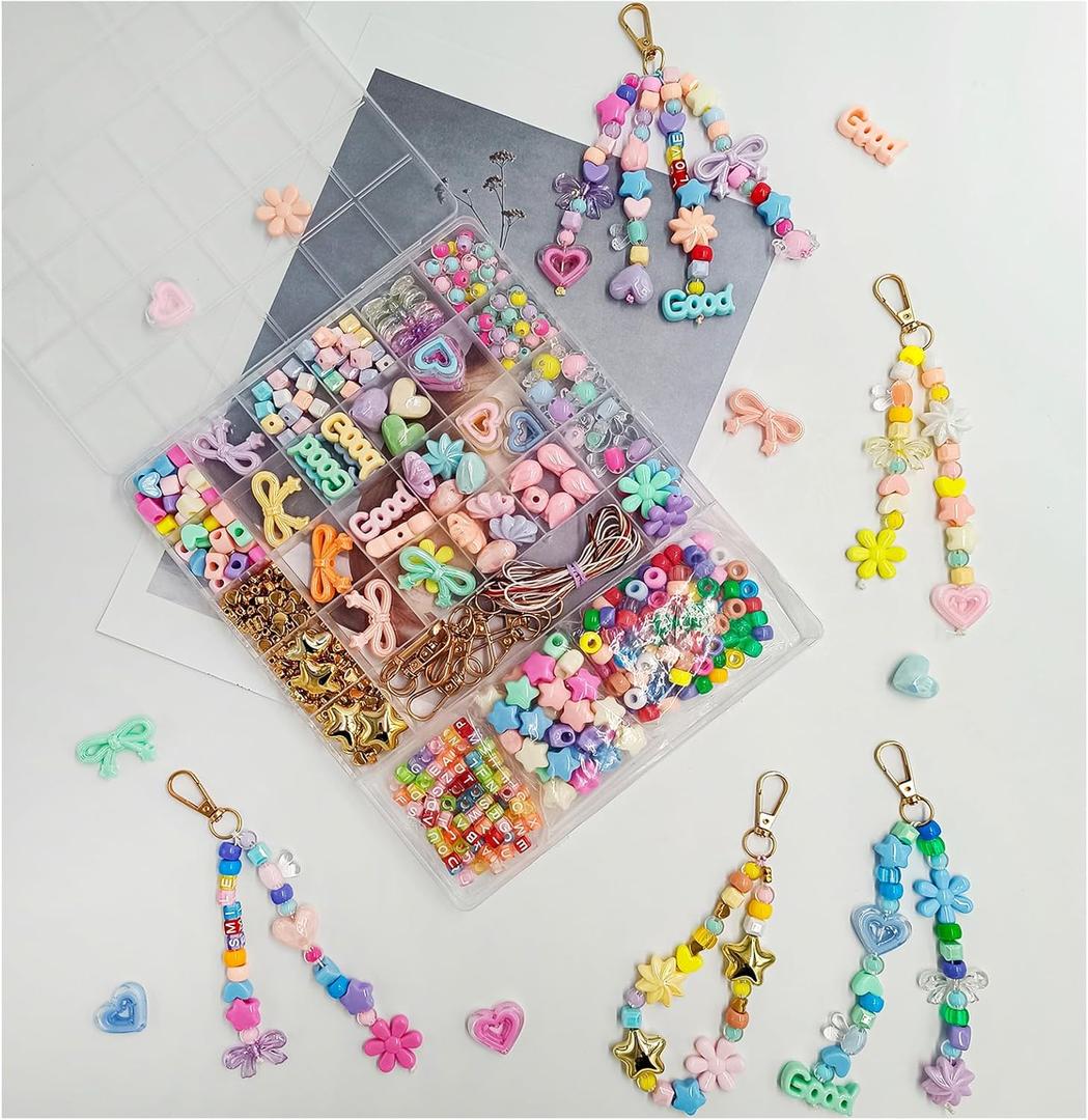 SUIMZESTI 521Pcs Colorful Bead Keychain Making Kit for Women, Acrylic Bag Charm Making Kit, Beads for Key Chain Bracelet Jewerly Making Kit