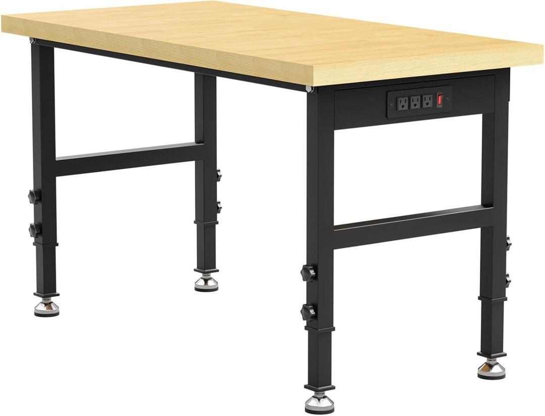 48 Chipboard Wood Work Bench Work Table, Heavy-Duty Adjustable Workbench with Power Outlets, 3000 Lbs Capacity Tool Bench Workstation for Garage, Workshop