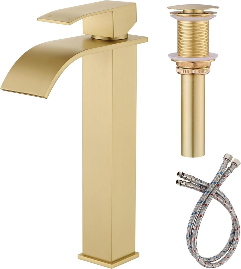 Vessel Sink Faucet, Gold Bathroom Faucet Single Hole with Supply Hose and Pop Up Drain, Single Handle Waterfall Faucet for Bowl Sink, 1 Hole Vanity Faucet