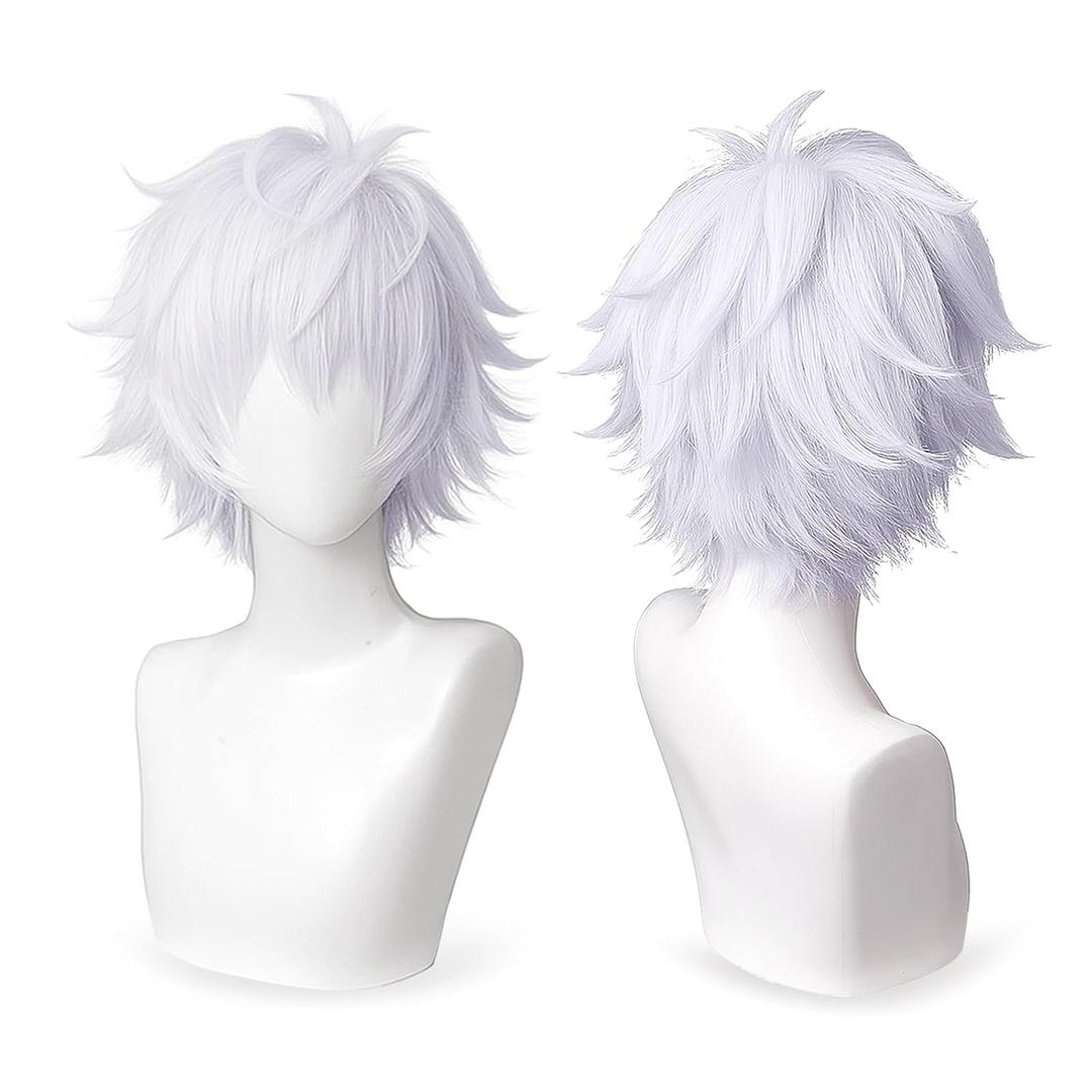 Cool Halloween Light Purple Cosplay Wig, 2 Hair Caps + Short Wig, Short Silver Synthetic False Hair with Bangs, Perfect for Parties and Cosplay Events for Both Men and Teen Boys