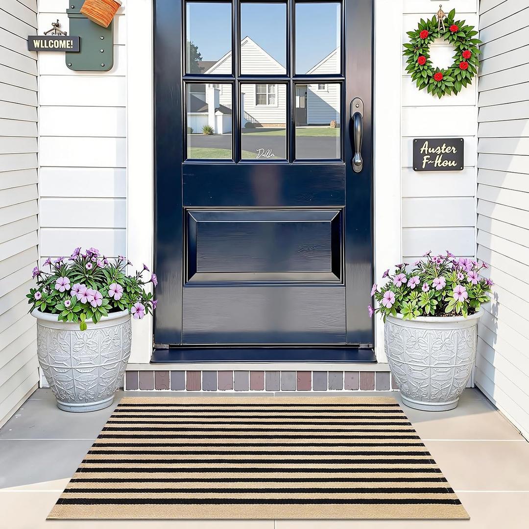 OLANLY Brown and Black Striped Rug 2' x 3' (24" x 36") Washable Cotton Doormat for Indoor Outdoor Use, Layered Front Porch Rug for Entryway, Kitchen, Patio