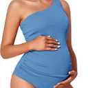Summer Mae Maternity Swimsuit One Piece One Shoulder Ribbed Pregnancy Bathing Suit (X-Large, Sky Blue)