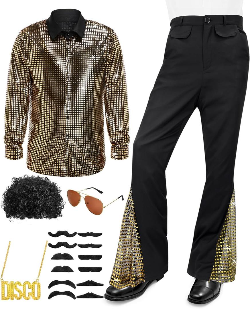 Mepase 70s Disco Boys Kids Outfit Costume Bell Bottom Pants Disco Shirts for Halloween Dress Up (7-8 Years, Gold)