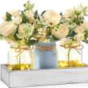 Mkono Mason Jar Lights Centerpiece Table Decor for Dining Room Farmhouse Wood Tray with 3 Jars Flowers Center Pieces Spring Decor for Coffee Table Kitchen Living Room, Grey Blue