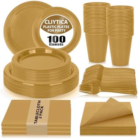 CLIYTICA Gold Plastic Dinnerware Set for Party,100 Guests Disposable Plates 9" Dinner Plates & 7" Dessert Plates,Cups,Napkins,Forks,Plastic Plate Set for Wedding,Corporate Events,Anniversary