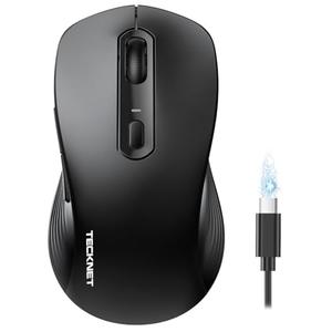 TECKNET Rechargeable Bluetooth Mouse, [ USB + BT5.0 + BT3.0 ] Wireless Mouse, Ergonomic Design, Silent Click, 6-Level 4800 DPI Wireless Mice, 3-Device Switching for Laptop, Computer, MacBook（Black）