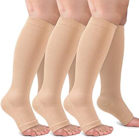 3 Pack Copper Compression Socks for Women & Men, 20-30mmHg Open Toe Knee High Stockings for Circulation Support, S/M
