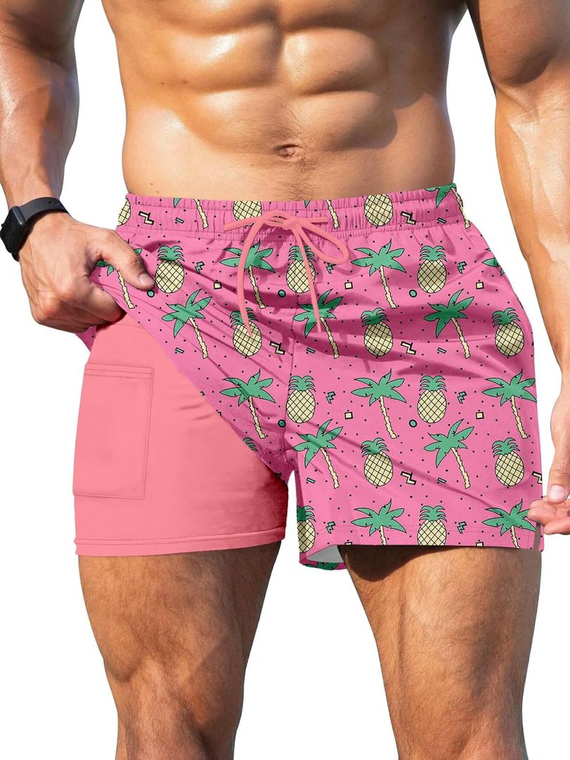 Keevoom Mens Swim Trunks Compression Liner Swim Shorts Quick Dry Swimwear Swimsuit Bathing Suits Board Shorts with Pockets (Pink, L)