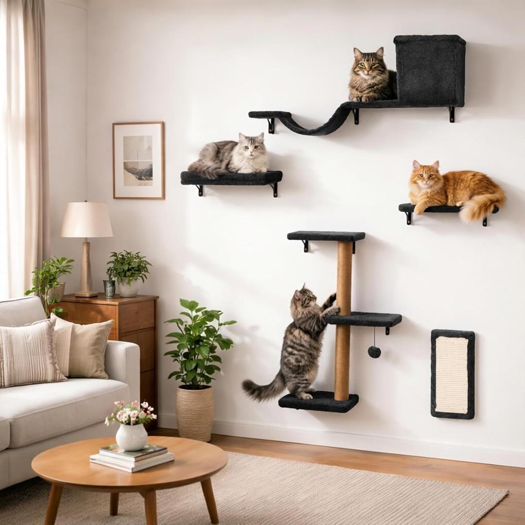 5-in-1 Cat Wall Shelves for Indoor Cats, Wall Mounted Cat Furniture with Bed, Cave, Scratching Post & Perch, Multi-Level Cat Climbing Wall, Space Saving Floating Cat Shelves (Natural Wood Darkgrey)