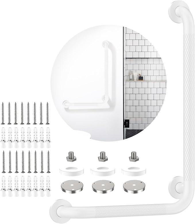 White Angled Grab Bar 12x16 Inch, iHansee Anti-Slip Bathroom Safety Bar w/Knurled Grip, Wall Mounted L-Shaped Shower Handle for Elderly Senior Handicap, Toilet Bathtub Balance Support Handrail