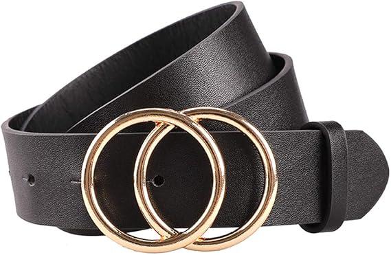 Earnda Women's Leather Belt Fashion Soft Faux Leather Waist Belts For Jeans Dress (black_gold Buckle, Large: fits waist from 34"-37")