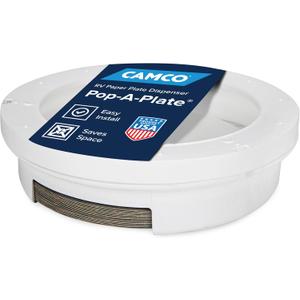 Camco Pop-A-Plate Plastic Plate Dispenser - Measures 10.2" Diameter x 2.6" Tall - Holds 9" Paper Plates - Ideal for Compact Spaces, RVs and Trailers - Mounts Under Cabinets or Shelves - White (57001)