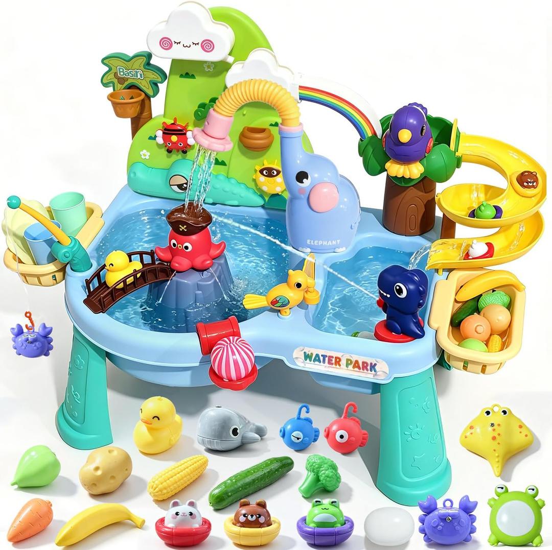 Upgraded Water Table for Toddlers Toy Set, 4-in-1 Kids Sensory Sand Table with Electric Water Pump Elephant Rain Shower Sprinkler, Summer Birthday Gift STEM Fishing for Boys Girls Ages 3 4 5 6 7