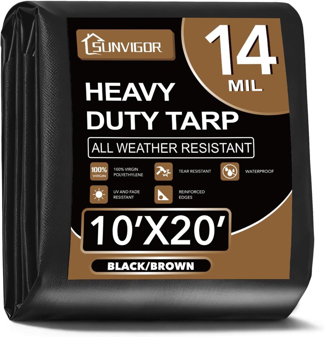 Sunvigor Tarp Waterproof 10x20Ft, Extra Thick 14 Mil Heavy Duty Tarp Cover, Tear & Fade Resistant, Outdoor Tarps with Brass Grommets and Reinforced Edges for Roof, Camping, Patio, Boat (Black/Brown)