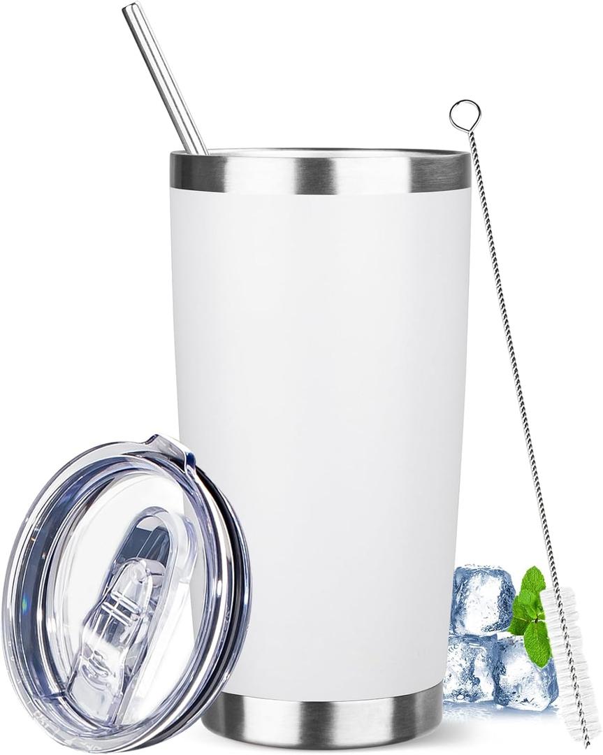 20 oz Tumbler with Lids and Straws, Stainless Steel Insulated Travel Coffee Mug, Double Wall Vacuum Insulated Tumblers, Powder Coated Coffee Tumbler for Cold & Hot Drinks (White)