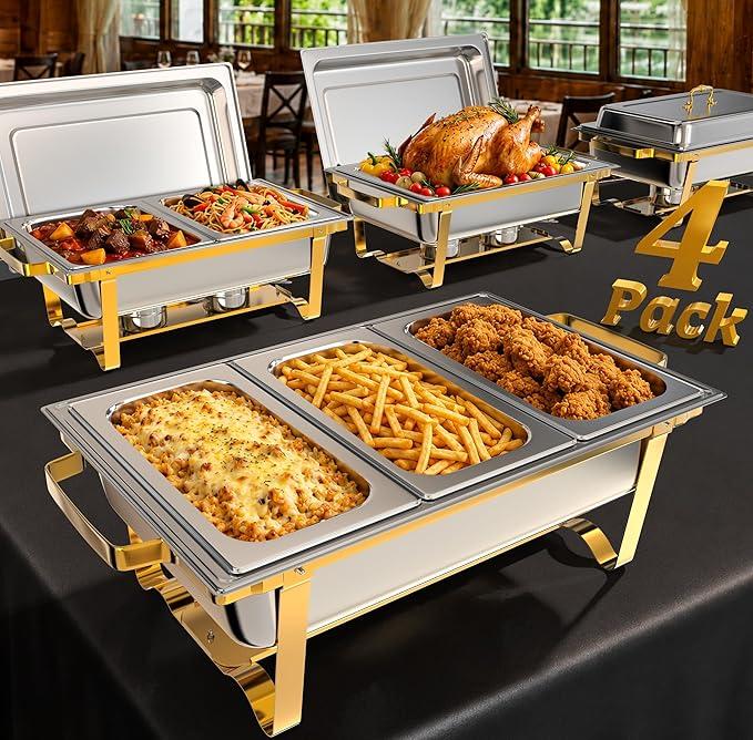 Amhier Chafing Dishes for Buffet, 4 Pack 9QT Chafing Dishes with 7 Multi-Size Food Pans, Stainless Steel Chafers and Buffet Warmers Sets for Partires and Weddings, Gold