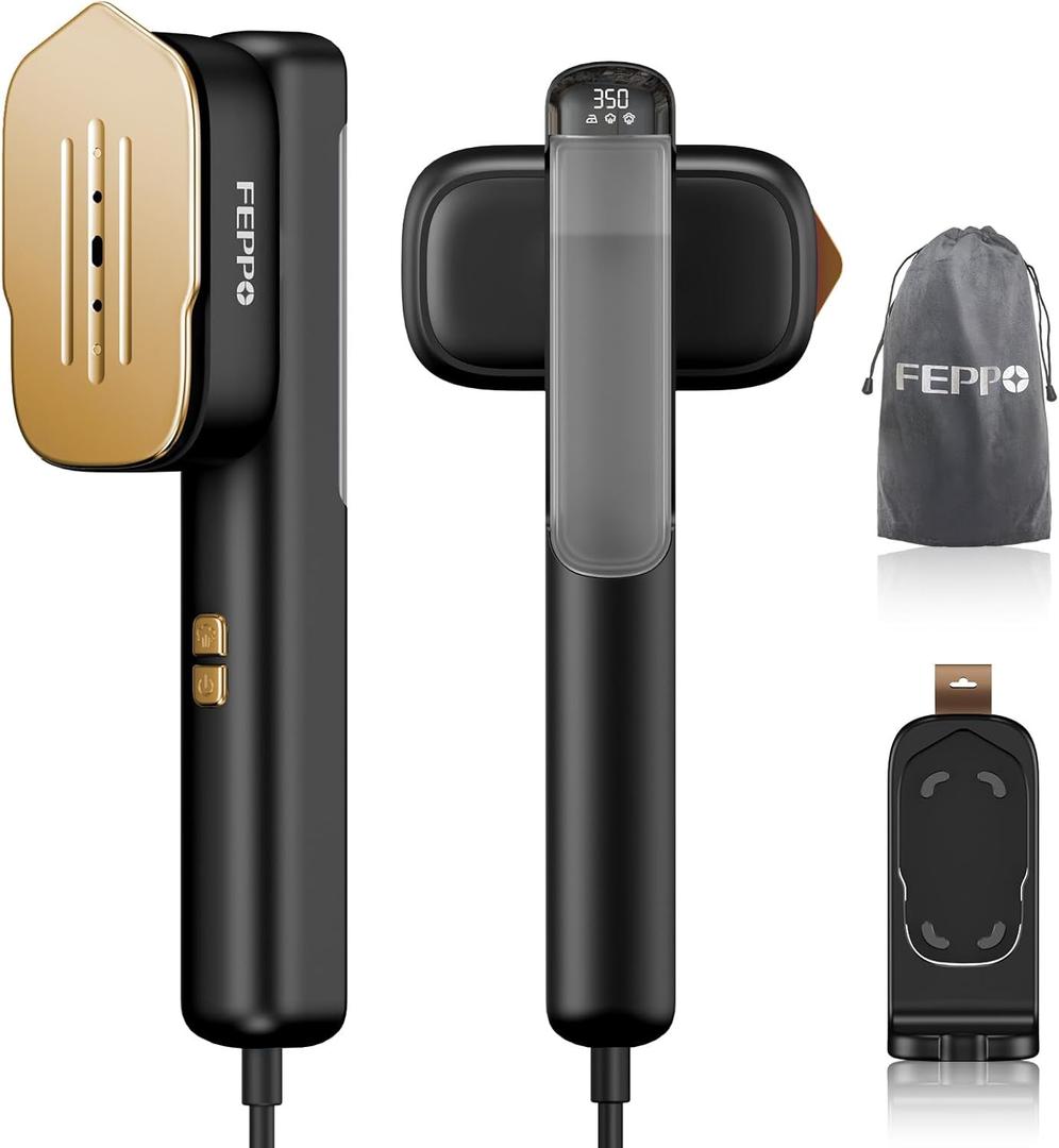 FEPPO Travel Steamer for Clothes, 110-240V Dual Voltage Portable Steamer & Iron 2 in 1, Fast Heat Up, 1100W Powerful Garment Steamer, Large Ceramic Heat Panel for Home & Global & Europe Traveling (Black-Gold)