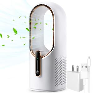 Desk Fan Bladeless, 11.8 Inch Office Fan Small, Quiet, 3 Speed Adjustment, Touch Control, Easy to Clean, Desk Fans Small Quiet, Ideal for Office, Living Room, Bedroom (White/Gold)
