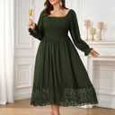 SHESTARR Women's Plus Size Maxi Dress Long Sleeve Square Neck Smocked Flowy A-Line Lace Trim Wedding Guest Dresses (Green, XXXL)