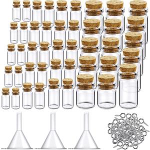 Sherli 45 Pcs Small Mini Glass Bottles with Cork Stoppers Small Glass Jars with Lids Tiny Spell Jars with 50 Eye Screws and 3 Funnels for DIY Art Craft (0.5ml, 1ml, 3ml, 5ml, 10ml)