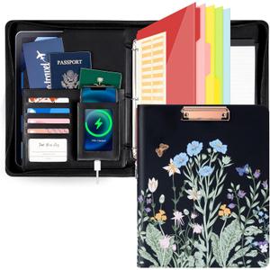 Ospelelf Leather Clipboard with Storage, Zippered Padfolio Portfolio Organizer, 3 Ring Binder 1 Inch, Notepad, Tablet Sleeve, 5 Dividers with Pocket for Office,Students, Teachers Night Flowers