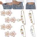8Pcs Jean Waist Tightener, Metal Pearl Flower Button Pins, Reusable Cincher Clips for Loose Pants Dresses Skirts