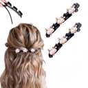2 Pcs Sparkling Crystal Stone Braided Hair Clips, 2025 New Satin Fabric Hair Bands Rhinestone Four-Leaf Clover Hair Clip for Styling, Duck Bill Clips for Women Girls, Color S