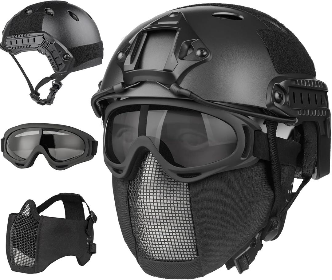 VPZENAR Airsoft Helmet,Black Tactical Helmet,Airsoft Mask Mesh,Elastic Balaclava Mask, Anti Fog Airsoft Goggles, Tactical Full Face Protection, Airsoft Accessories,Military Gear