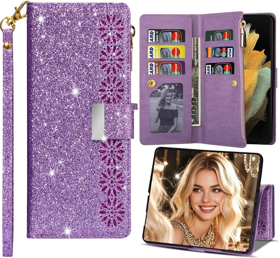 Samsung Galaxy Z Fold 7 Bling Wallet Phone Case, Glitter Flip Leather Cover with Zipper Card Slots Holder Kickstand & Wrist Strap for Women Girls Galaxy Z Fold 7 - CSF Purple