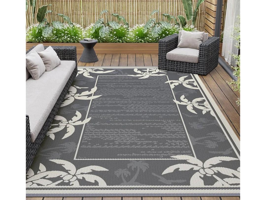 COCOER Outdoor-Rug 6x9 ft Waterproof Reversible Outdoor Plastic Straw Rug RV Indoor Outdoor Carpet Quick Dry Patio Rug Camping Mat for Balcony Backyard Picnic Beach-Grey&Beige