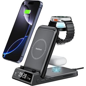 Wireless Charger for iPhone, SwanScout 703A, 3-in-1 Charging Station for iPhone 16e/16 Pro Max/16 Pro/15/14/13 Series, Charging Stand for Apple Watch Ultra 2/10/9/8/7/Air Pods, No Adapter (Black)