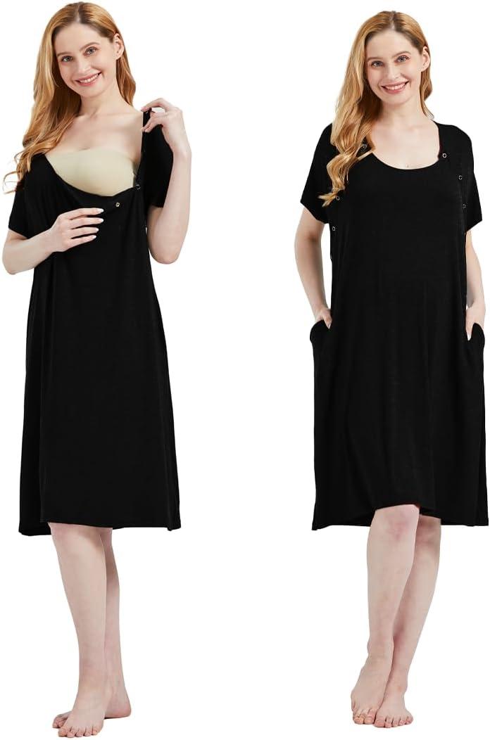 Mama & Wish Labor and Delivery Gown 3 in 1 Labor, Delivery and Nursing Gown for Hospital Made with Ultra-Soft Fabric (Large, Black)