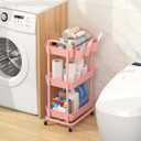 JIUYOTREE 3-Tier Plastic Rolling Storage Cart Utility Cart with Extra Hanging Cups Handles Lockable Wheels for Living Room Bathroom Kitchen Office Pink