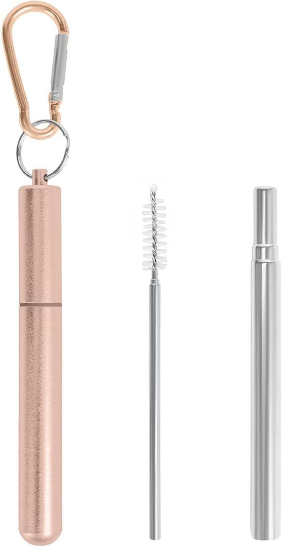 Collapsible Metal Straws, Travel Drinking Straws with Case, Keychain and Cleaning Brushes, Cruise Essentials（2 Pack, Rose Gold and Silver）