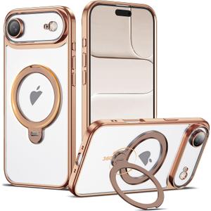 AmoraAqua Compatible with iPhone 17 Air Case with 360 Spin Magnetic Ring Stand [Compatible with Mag-Safe] Full Camera Lens Protector Plating Clear Phone Case for iPhone 17 Air 6.5", Desert Gold