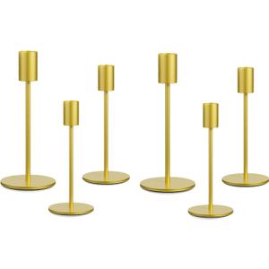 Taper Candle Holder Set of 6, Brass Gold Tall Candlestick Holders, Metal Vintage Candle Stickers Long Holder Set, Pillar Decorative Candle Holder Fits 3/4 Inch Candle for Wedding (Gold-6 Packs)