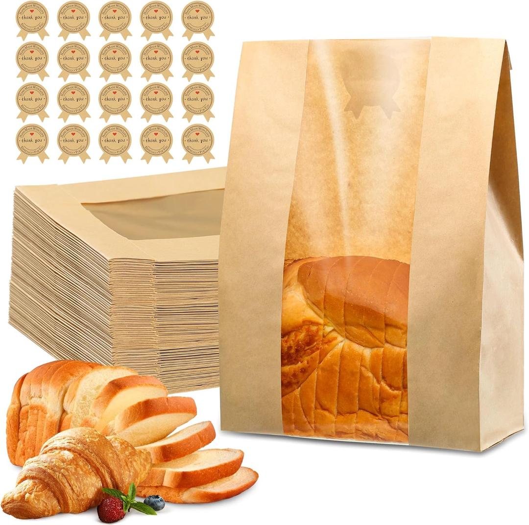 25 Pcs Bread Bags for Homemade Bread, Sourdough Paper Bags With Window, 50% Thicker 13.7x8.2x3.7in A Large Bakery Bag Used for Storage Bakery Cookies & Snacks, 40 Cute Sealing Stickers with Ties