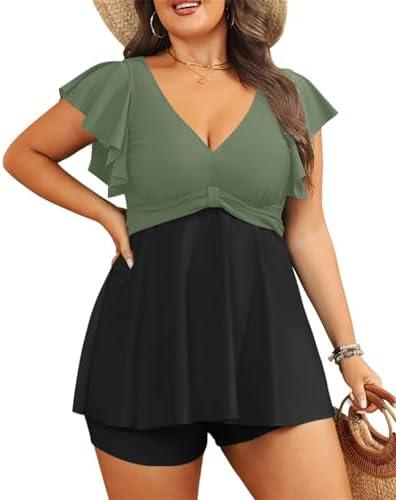 Plus Size Tankini Set Swimsuit - Women Two Piece Bathing Suit with Shorts Ruffle Sleeve Swimwear 2025 16W