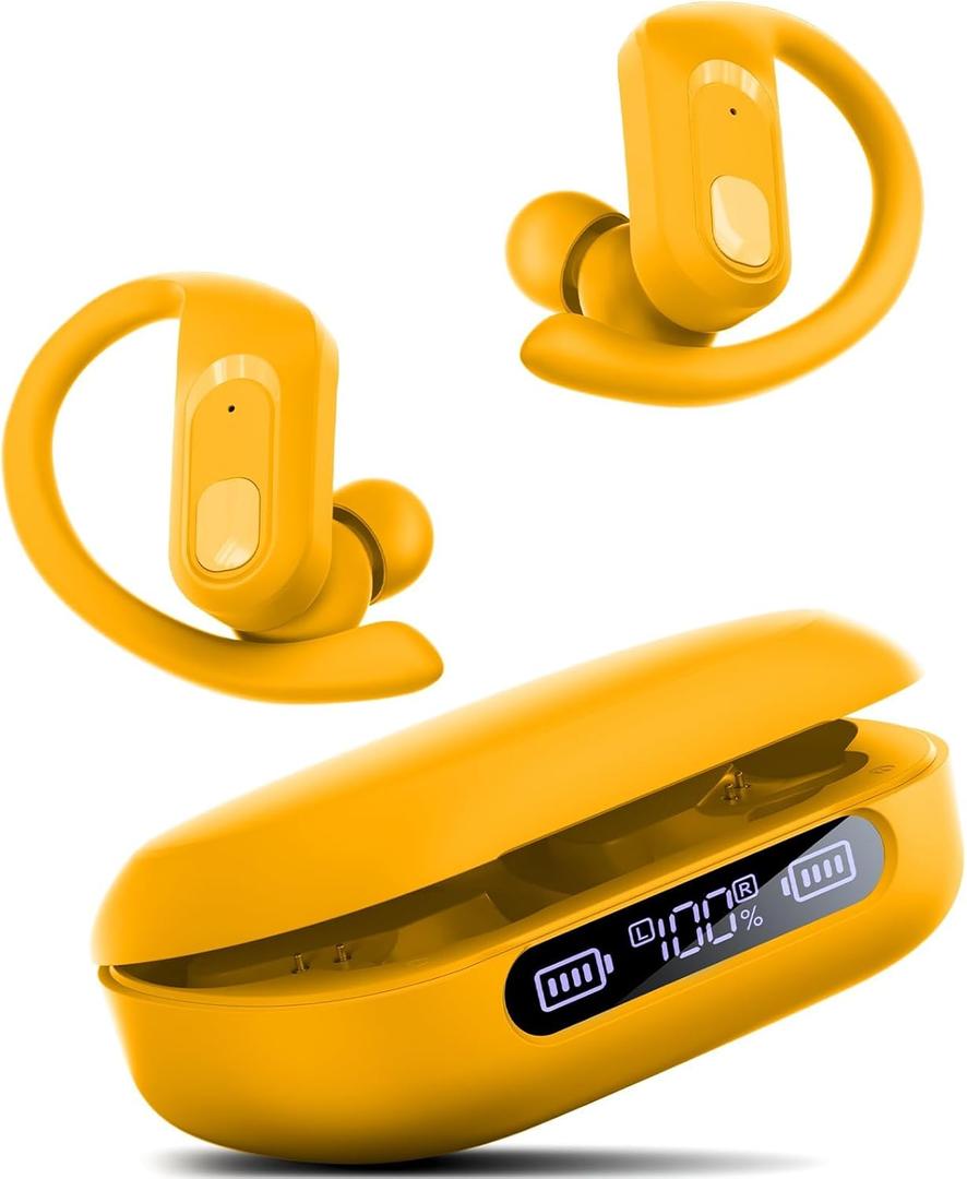 Occiam Wireless Earbuds Bluetooth Headphones Ear Buds 96Hrs Playback Sport Over-Ear Waterproof Wireless Headphones Earphones with Earhooks ENC Mics Clear Call for Sport Running Workout (Yellow)