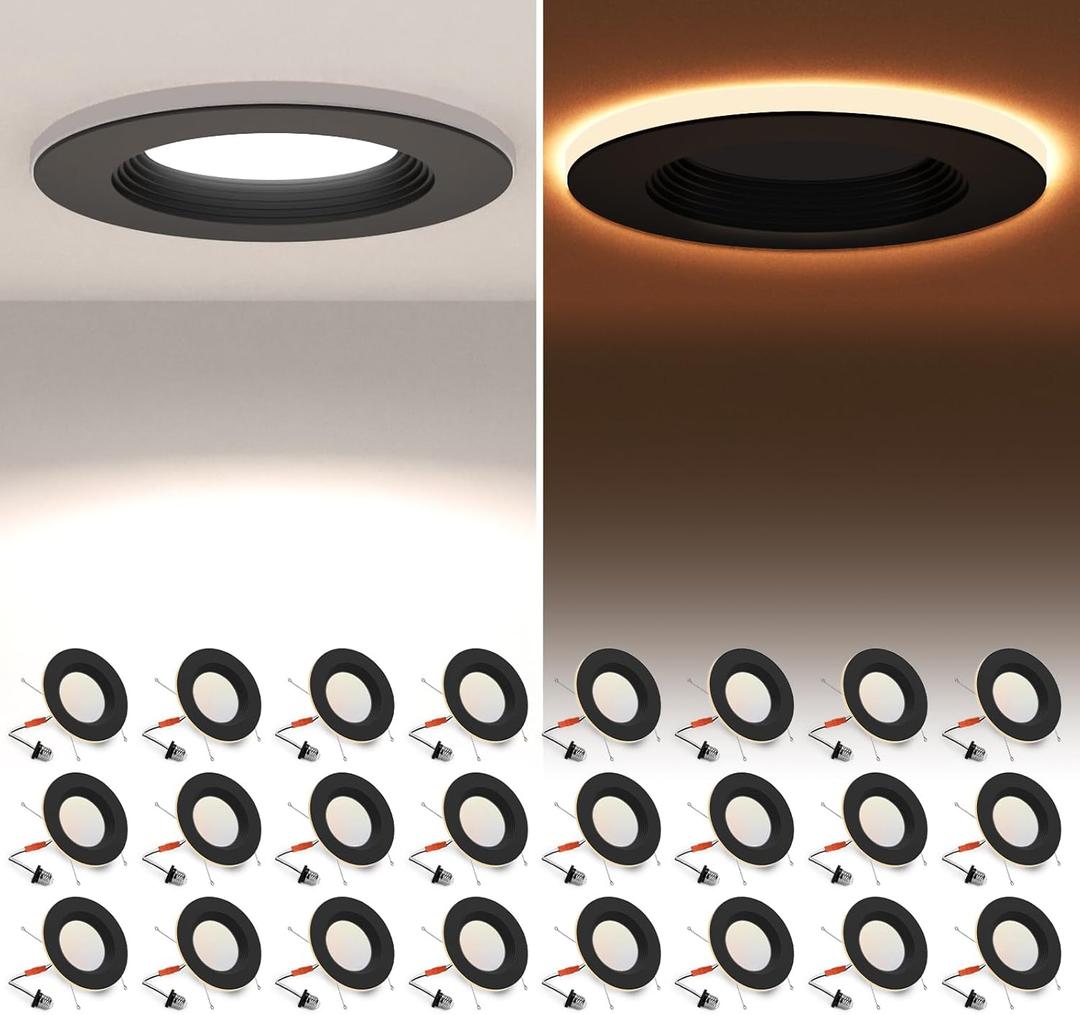 POWERASIA 24 Pack Black 5/6 Inch LED Can Lights with Night Light, 5CCT Retrofit Recessed Lighting Selectable 2700K-6000K Dimmable, 12W=75W, 1200LM Downlight with Metal Smooth Trim-ETL and Energy Star (5CCT+NT-BK)