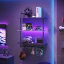 Bestier Gaming Floating Shelves, 24 inch LED Wall Mounted Shelves with Towel Bar, Coffee Bar Shelves with Glass Shelf & 8 Hooks, 3 Tier Hanging Display Rack for Wall Decor, Black Carbon Fiber