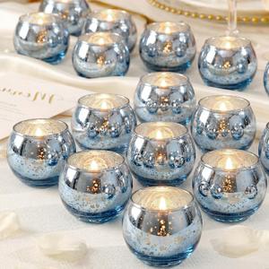 24 Pcs Blue Votive Candle Holders- Blue Centerpieces for Tables, Round Mercury Glass Candle Holder for Wedding Decor, Bridal Shower Decorations