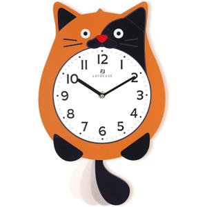 Lafocuse Silent Cat Wall Clock with Swinging Tail Battery Operated, Analog Orange Cat Clocks for Kid's Room, Cute Kids Wall Clock for Living Room Bedroom Home Decor