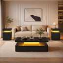 3 Piece Living Room Table Set, Includes 40" LED Coffee Table and 2 LED End Tables with Storage, Modern High Gloss Coffee Table Set for Living Room, Black, 40"+15"