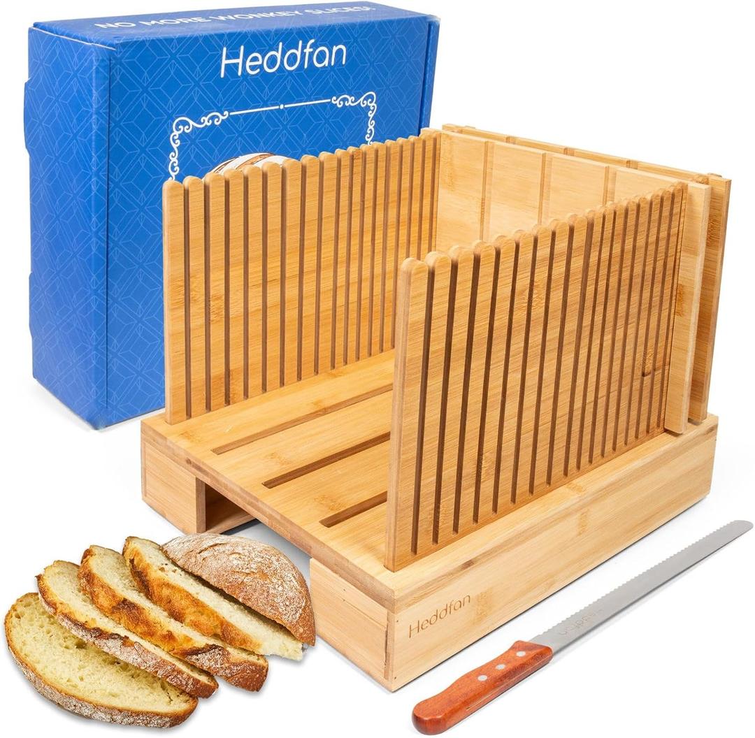 Bamboo Bread Slicer For Homemade Bread - Built-In Knife Slot, Crumb Catcher & Storage Compartment - Adjustable Extra Wide & High For Sourdough - Long 12 Knife Blade Included Brown