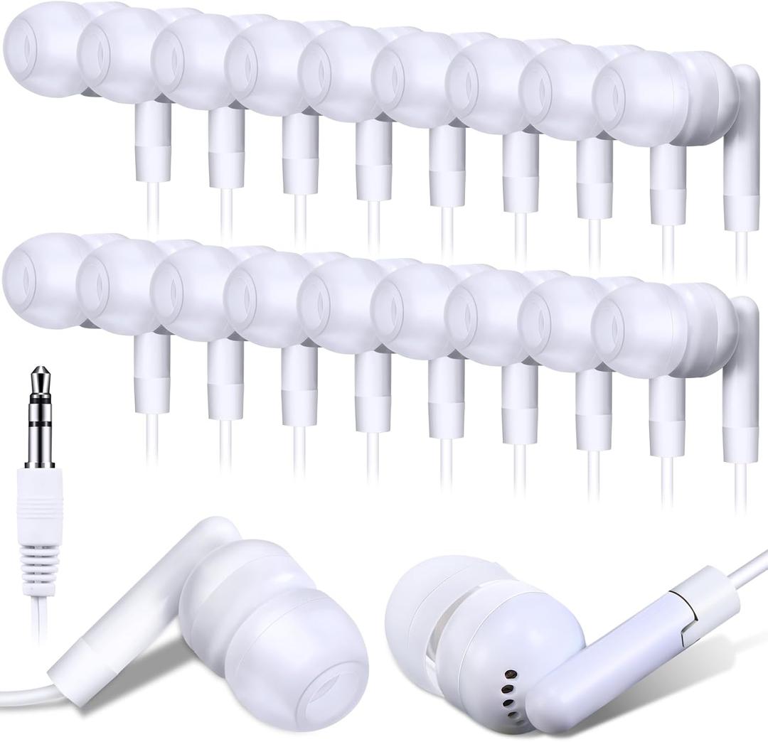 Kanayu 100 Pack Wired Earbuds Bulk for Classroom Ear Headphones Wired Basic Student Earbuds No Microphone with 3.5MM Jack for Class Laptop School Library, Individually Bagged (White)